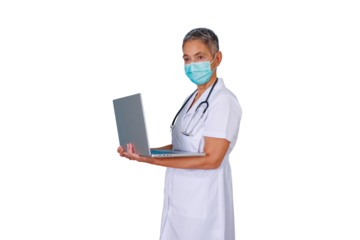 Doctor or nurse wearing face mask and stethoscope, using laptop, providing remote healthcare services, transparent background