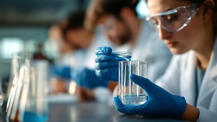 Science students examining biology experiment in lab over bench view of beakers and gloves heads out of frame STEM education faceless no visible faces laboratory with copy