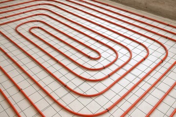 Underfloor heating installation on tiled flooring for efficient home heating system. concept of modern technology, energy efficiency, home improvement