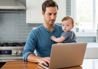 Man holding baby and using laptop. Father working from home with child. Paternity leave and a balanced work life concept.