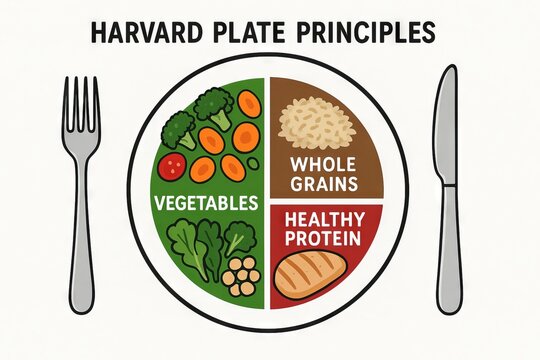 Harvard plate principles illustration: balanced diet with vegetables, whole grains, healthy protein for nutritional guide