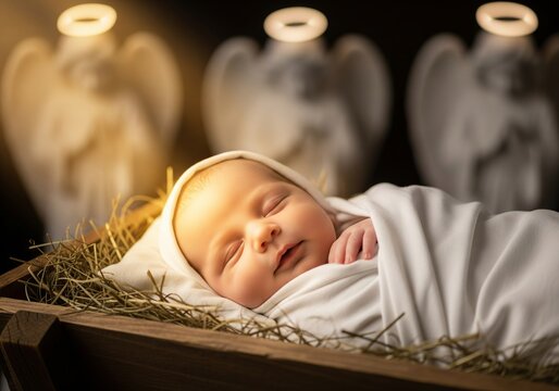 Closeup of a baby, swaddled in white cloth, sleeping peacefully in a manger with straw, symbolizing the birth of Jesus and nativity on Christmas.