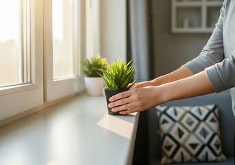 Woman placing a potted succulent plant on a sunlit windowsill. Home gardening and interior decoration concept for a cozy living space.