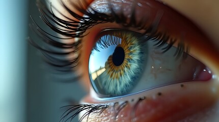 An extreme macro portrait of a blue-green iris, showcasing complex fibers, glossy texture, and radiant highlights. A precise yet artistic AI-rendered visual.