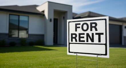 For rent sign in front of modern house. Real estate property available for rental. Housing market, home search, and living space concept.