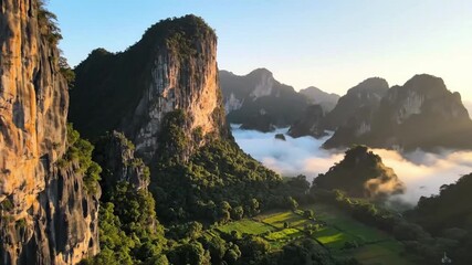 Breathtaking sunrise over misty mountains