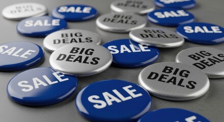 Blue 'SALE' and silver 'BIG DEALS' pins scattered on a grey surface, representing shopping discounts and promotions