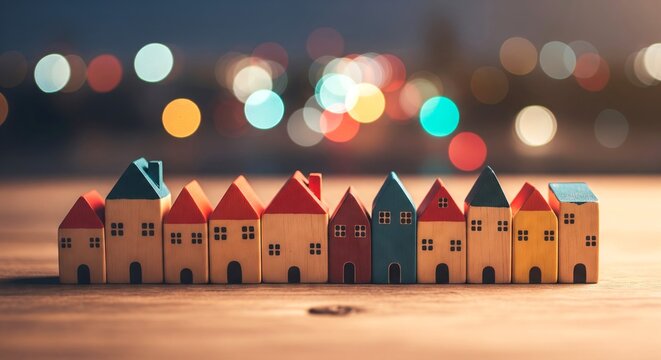 Row of colorful wooden house toys on a table with blurred lights in the background. Concept of real estate, community, property investment.