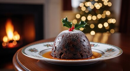 Traditional Christmas pudding with holly and a warm festive background featuring a fireplace and bokeh lights
