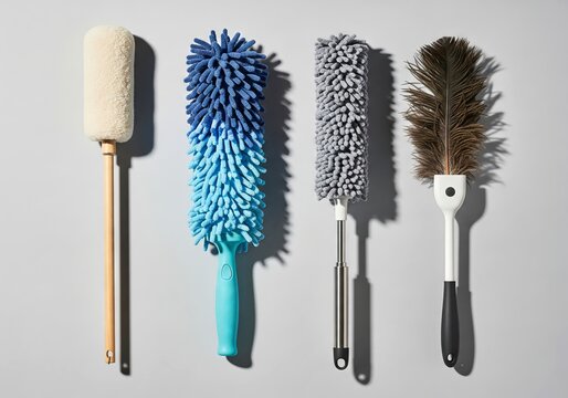 A row of different types of dusters, cleaning tools for household dust removal and maintenance for clean home.