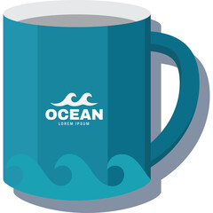 Teal Blue Ceramic Mug with Ocean Wave Design and White Logo on Transparent Background Detailed Graphic Illustration