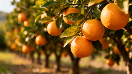 Oranges grow on trees in lush orchard, surrounded by greenery and sunlight. Focus on ripe fruit highlighting agriculture, nature's beauty, healthy living