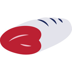 Stylized illustration of a red meat wrapped in white dough with blue stripes on top representing a baked good or sandwich on a transparent background