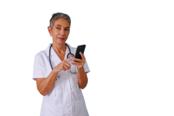 Senior female doctor wearing a lab coat and stethoscope, interacting with a smartphone on a transparent background