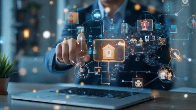 Concept of e-learning and online educational technology. digital interface with icons related to online education, symbolizing elearning, global connectivity, virtual classroom. 4k video - Powered by Adobe