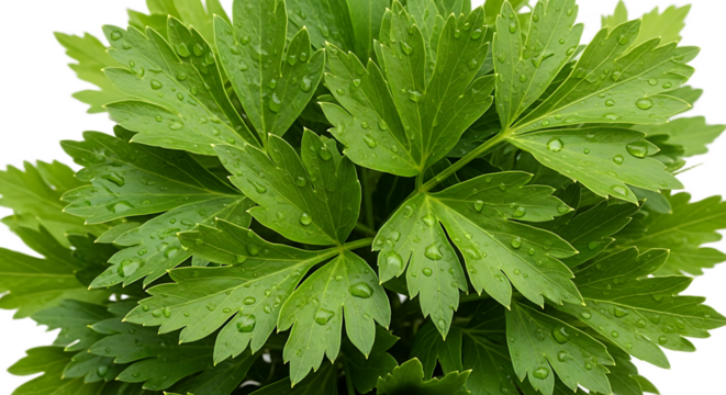Close up of a vibrant green lovage plant with water droplets glistening on its textured leaves outdoors