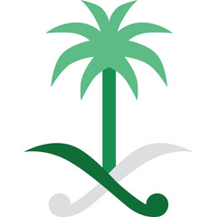Saudi Arabia National Emblem Palm Tree and Crossed Swords with Green and White Colors on Transparent Background Vector Graphic