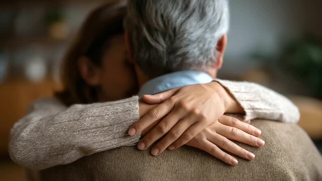 Adult daughter embracing senior father from behind tight crop of hug hands and shoulders heads partially obscured intergenerational love faceless no visible faces family car