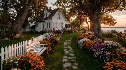 Picturesque garden path white cottage high resolution picture