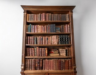 tall rustic wooden bookcase overflowing with aged leather bound books of varying sizes and colors standing against a plain white wall