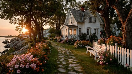 Picturesque garden white cottage high resolution picture