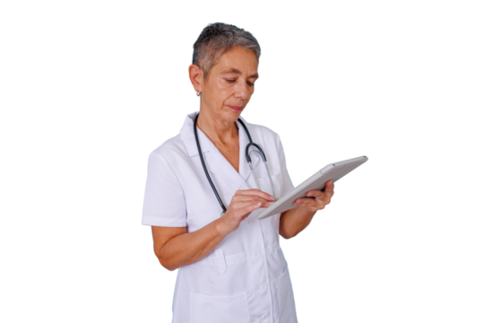 Senior female doctor using a digital tablet for healthcare data, medical records, and telemedicine, transparent background