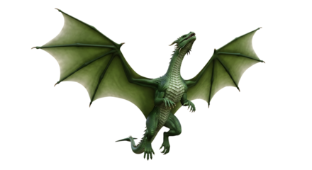 Green Dragon, with Large Wings in Mid- Flight Pose, isolated on a white or transparent background, cutout, PNG