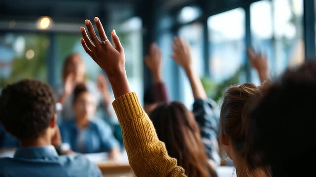 Multiethnic high school students raising hands during lesson teacher at whiteboard wide classroom view over shoulder angles and back views only faces turned away or cropped