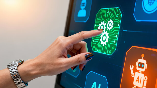 Finger touches green icon with gears on digital screen featuring symbols related to artificial intelligence. High-tech setting with focus on innovation - Powered by Adobe