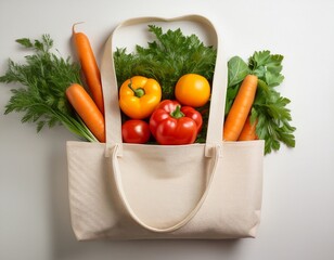 a cream colored tote bag overflowing with vibrant red tomatoes orange carrots a yellow bell pepper red onion and leafy greens