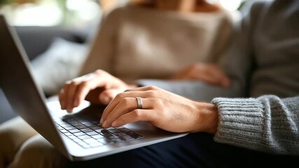 Multiethnic couple using laptop on couch top down view of hands and device cozy living room shared technology faceless no visible faces home computing with copy space - Powered by Adobe