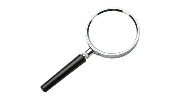 Magnifying glass, with chrome rim and black handle, isolated on a white or transparent background, cutout, PNG