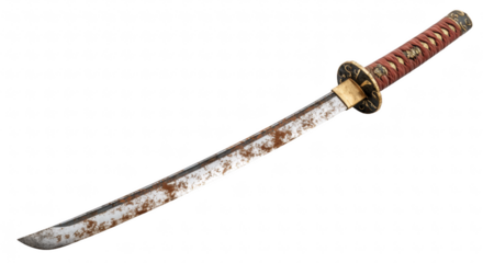 Old rusty katana sword with corroded steel blade, isolated on transparent background, Japanese antique weapon, realistic texture