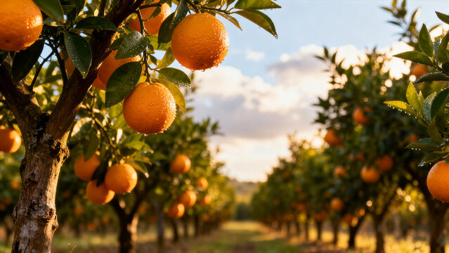 Orange trees laden with ripe fruit bask in warm sunlight. Lush orchard with clear blue sky creates serene atmosphere. Concept of agriculture, fruit production, wellness - Powered by Adobe
