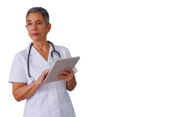 Senior female doctor using a digital tablet for healthcare data, working in medicine, transparent background