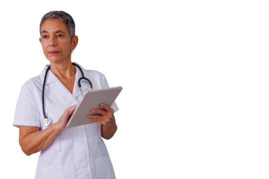 Senior female doctor using a digital tablet for healthcare data, working in medicine, transparent background - Powered by Adobe