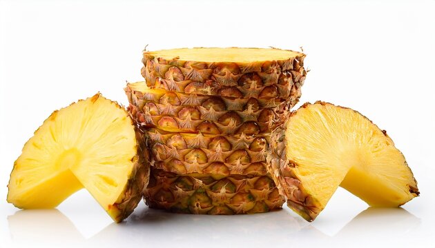 several pineapple slices stacked slightly unevenly tropical fruit isolated on white background