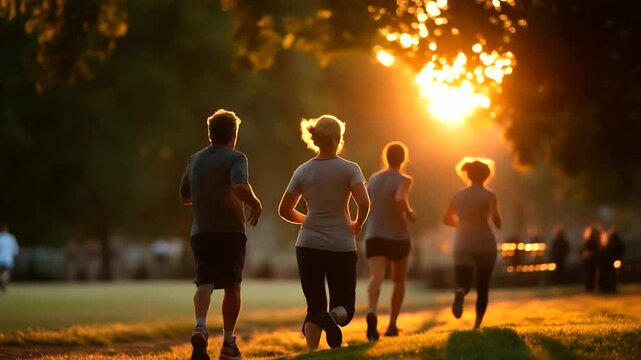 Active mature group running at park at sunset rear tracking shot silhouettes against sun senior fitness group exercise faceless no visible faces golden hour with copy space