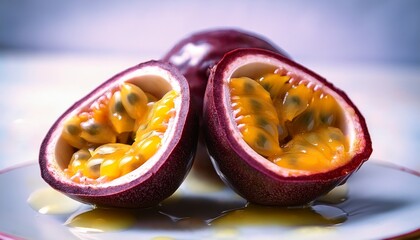 close up of a halved passion fruit with vibrant purple rind and golden pulp exotic tropical fruit symbolizing freshness and nutrition