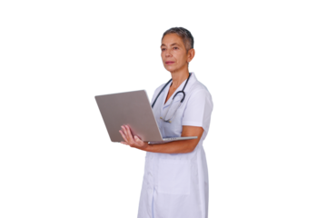 Senior mixed race doctor standing, holding a laptop, wearing a stethoscope, providing teleconsultation, transparent background