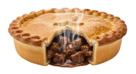 Golden brown savory meat pie, with flaky crust and visible chunks of beef in rich gravy, isolated on a white or transparent background, cutout, PNG