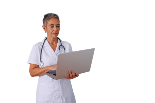 Senior woman doctor wearing a lab coat and stethoscope, typing on a laptop, standing with a transparent background