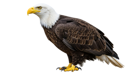Majestic Bald Eagle, with White Head and Yellow Beak Facing Left, isolated on a white or transparent background, cutout, PNG