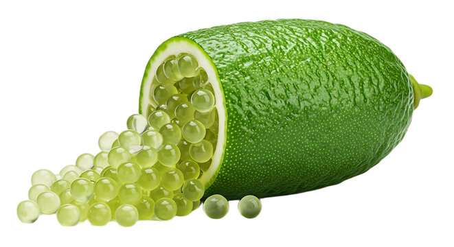 Close up of a finger lime with half cut open showing lime pearls on a black background studio shot
