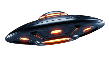 Futuristic metallic flying saucer, with glowing orange lights and intricate details, isolated on a white or transparent background, cutout, PNG