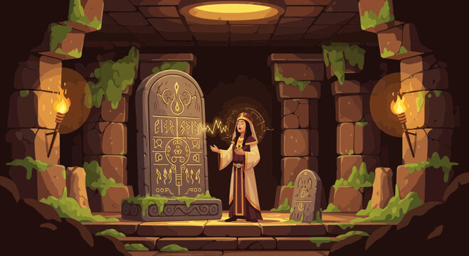 Ancient crypt with mystical priestess activating an ancient stone tablet