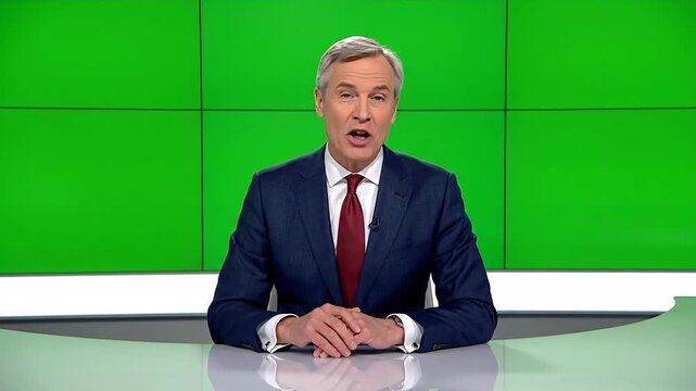 News anchor in studio. Journalist speaking. Man in suit and tie. News desk. Green screen background. TV presenter. News reporter. Formal wear. Professional setting. Broadcast studio. News program.