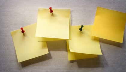 four pale yellow sticky notes one single one pinned one stacked one lined