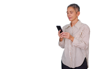 Senior woman holding smartphone, checking social media, texting, communicating, using digital technology, transparent background