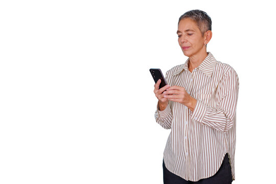 Senior woman holding smartphone, checking social media, texting, communicating, using digital technology, transparent background